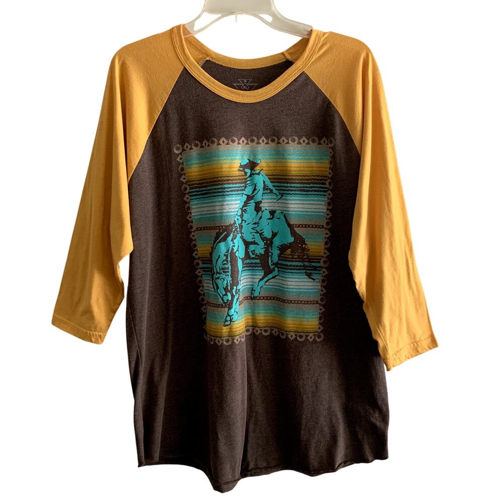 Crazy Train T Shirt Western Cowboy 3/4 Sleeve Brown Gold Blue Women's Size XL